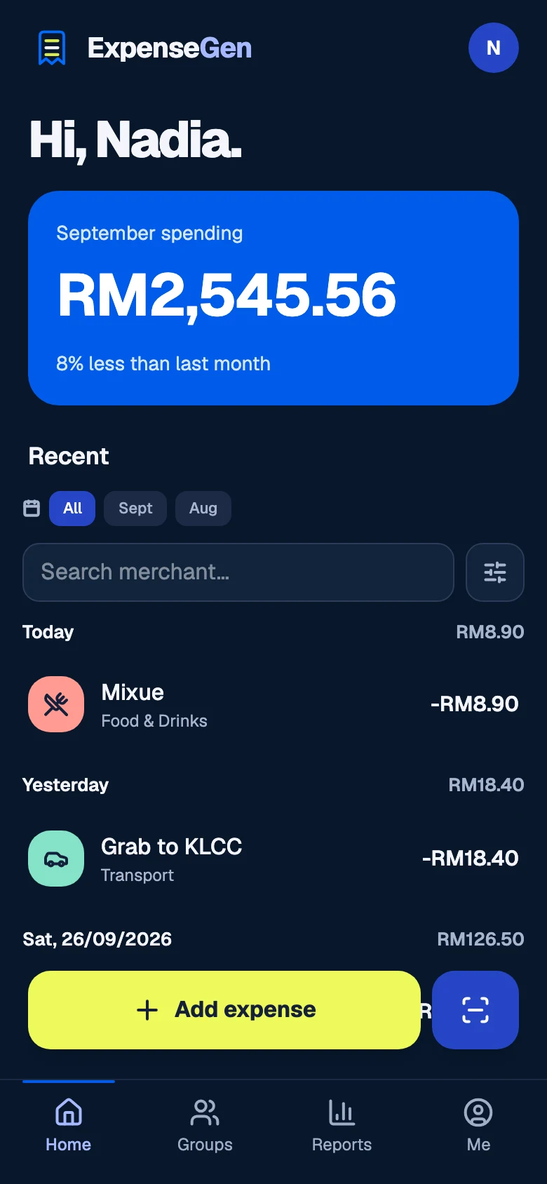ExpenseGen Home with monthly spending, recent expenses and the Add expense action