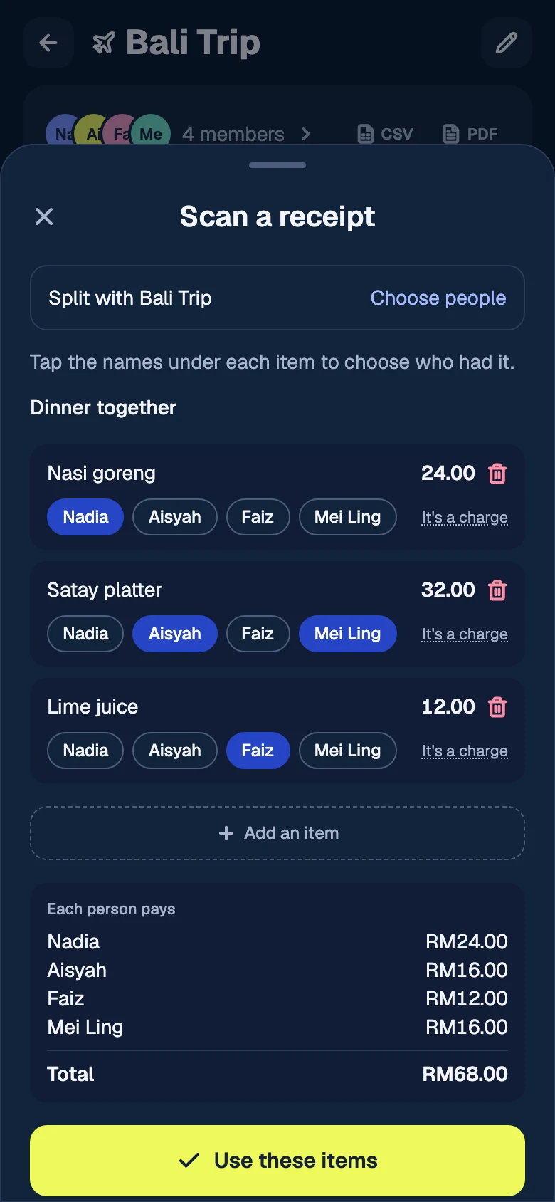 Splitting a receipt by item, with each person ticked against the lines they shared
